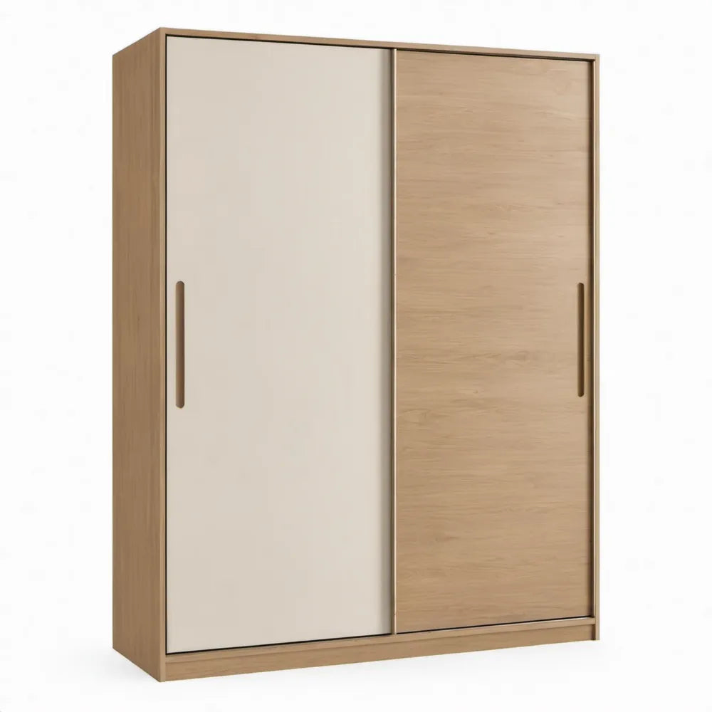 Schuifdeurkast 180 x 60 x 220 cm in eikenkleur en gebroken wit met 2 schuifdeuren