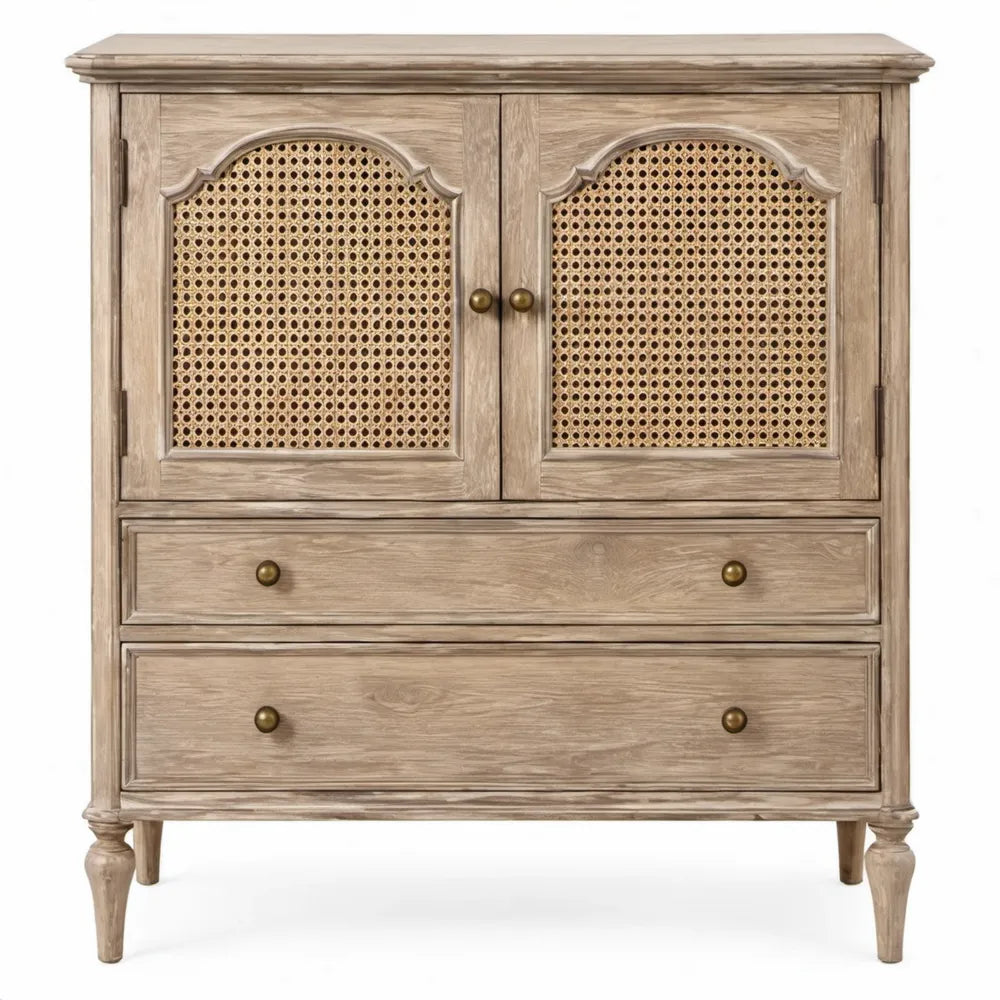 Opbergmeubel van massief mangohout en rotan met 2 deuren en 2 laden, 90 x 40 x 110 cm, naturel lichtbruin