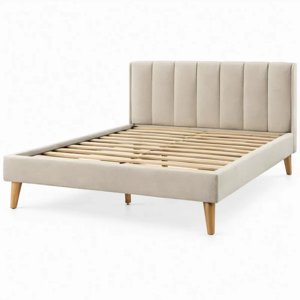 Gestoffeerd bedframe 160 x 200 cm beige met houten poten