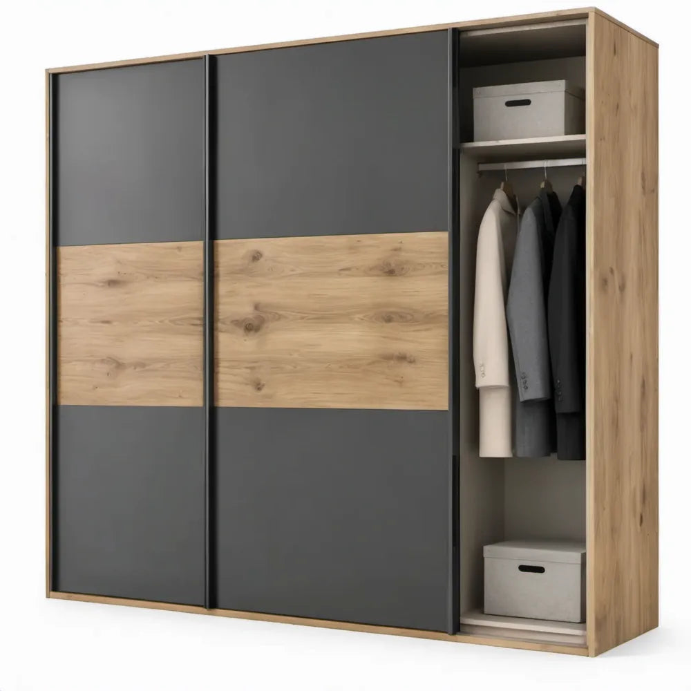 Kledingkast met 3 schuifdeuren 250 x 215 x 62 cm donkergrijs en eikdecor