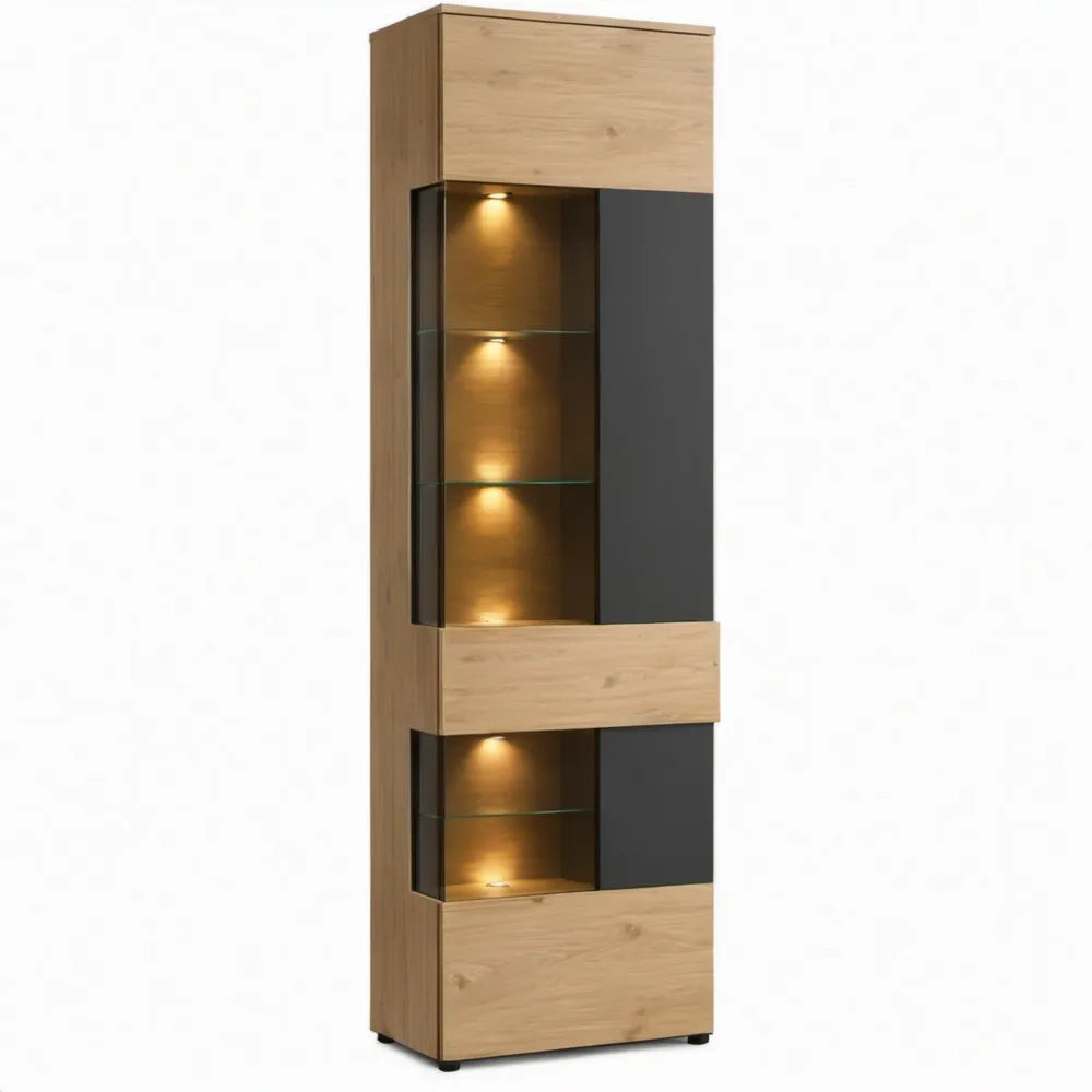 Hoge kast met LED-verlichting, glazen legplanken en deuren – 60 x 40 x 190 cm – Eikenkleurig/Zwart/Transparant