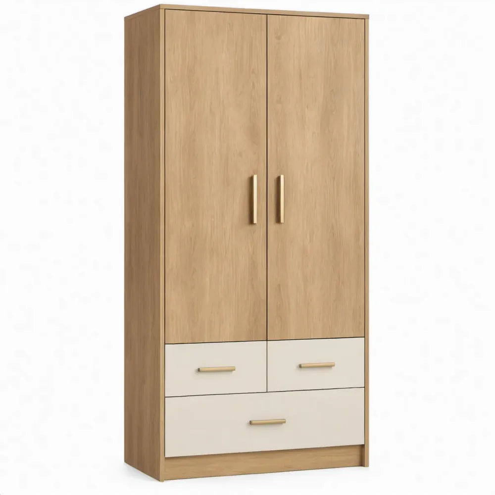 Kledingkast met 2 deuren en 3 laden, 180 x 80 x 45 cm, eikenkleurig/wit/goudkleurig