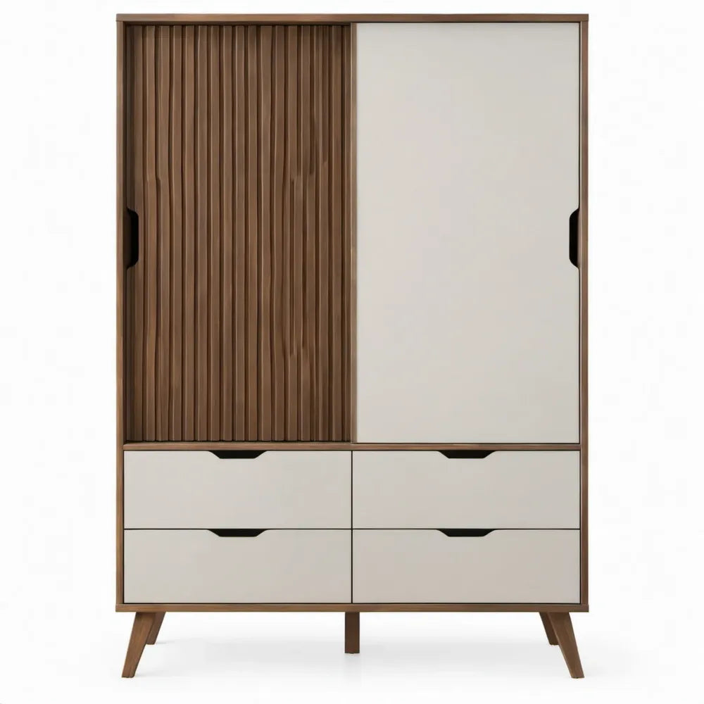 Kledingkast met 2 schuifdeuren, 4 lades en geribbelde deur, 100 x 50 x 200 cm, Bruin/Gebroken wit
