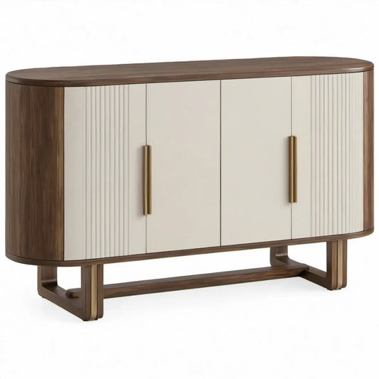 Afgerond meubel met 4 deuren, 160 x 40 x 85 cm, donkerbruin, crème en goudkleurig