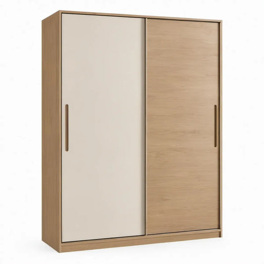 Schuifdeurkast 180 x 60 x 220 cm in eikenkleur en gebroken wit met 2 schuifdeuren