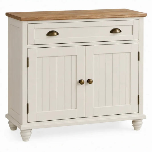 Landelijke dressoirkast met 2 deuren en lade, 80 x 40 x 85 cm, gebroken wit/naturel bruin