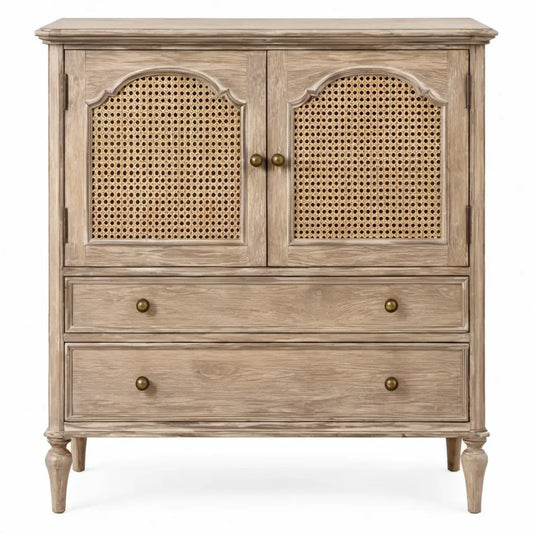 Opbergmeubel van massief mangohout en rotan met 2 deuren en 2 laden, 90 x 40 x 110 cm, naturel lichtbruin