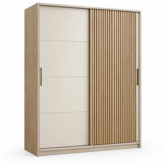 Schuifdeurkast 120 x 60 x 200 cm in beige en eikenkleur met 2 schuifdeuren