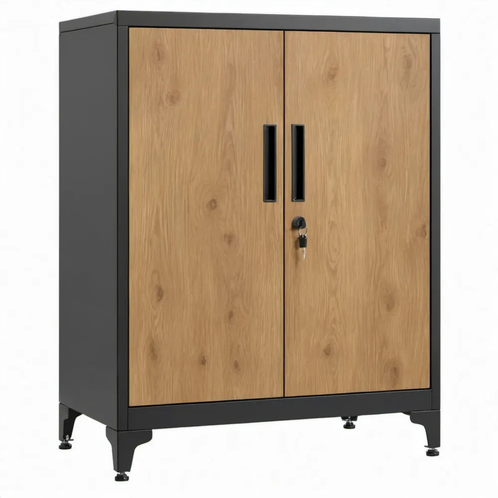 Afsluitbare metalen opbergkast met 2 deuren, 80 x 40 x 120 cm, zwart en eikenkleurig