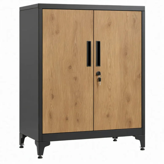 Afsluitbare metalen opbergkast met 2 deuren, 80 x 40 x 120 cm, zwart en eikenkleurig