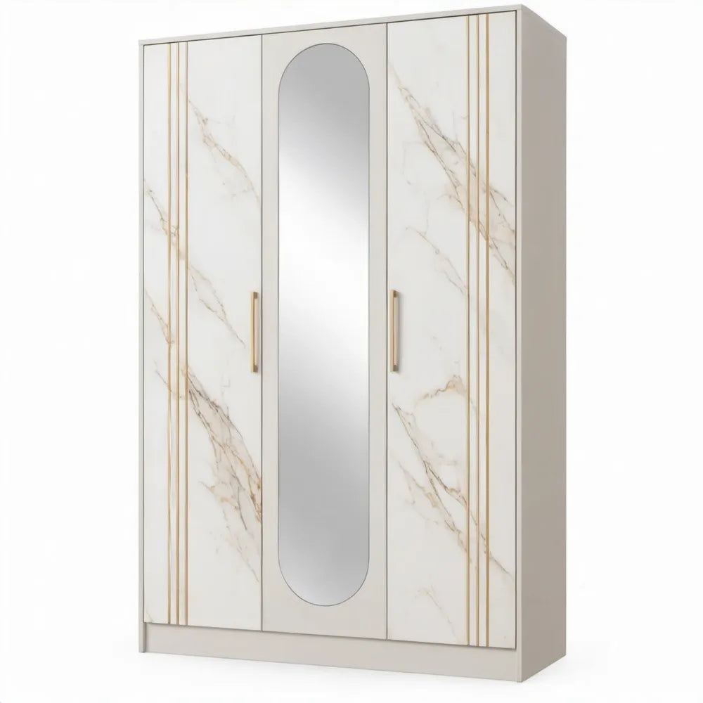 Driedeurs kledingkast met centrale spiegel, 120 x 50 x 200 cm, wit met beige marmerdecor en goudkleurige details