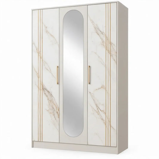 Driedeurs kledingkast met centrale spiegel, 120 x 50 x 200 cm, wit met beige marmerdecor en goudkleurige details