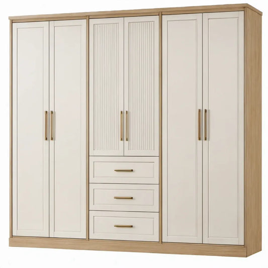 Kledingkast met 6 deuren en 3 lades, 240 x 60 x 220 cm, wit/eikenkleurig