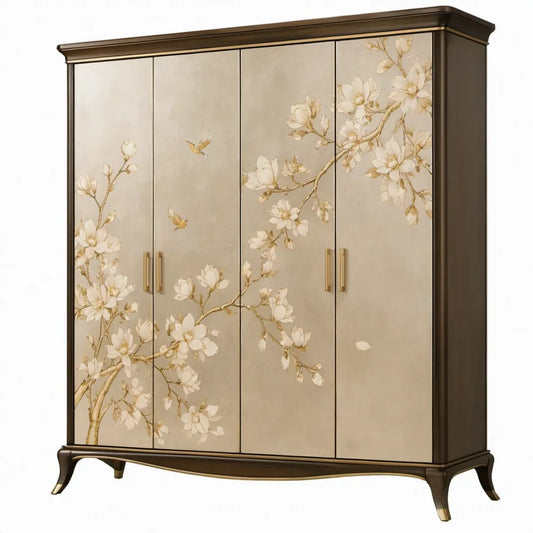Vierdeurs garderobekast 200 x 60 x 220 cm beige met donkerbruin frame en bloemenprint