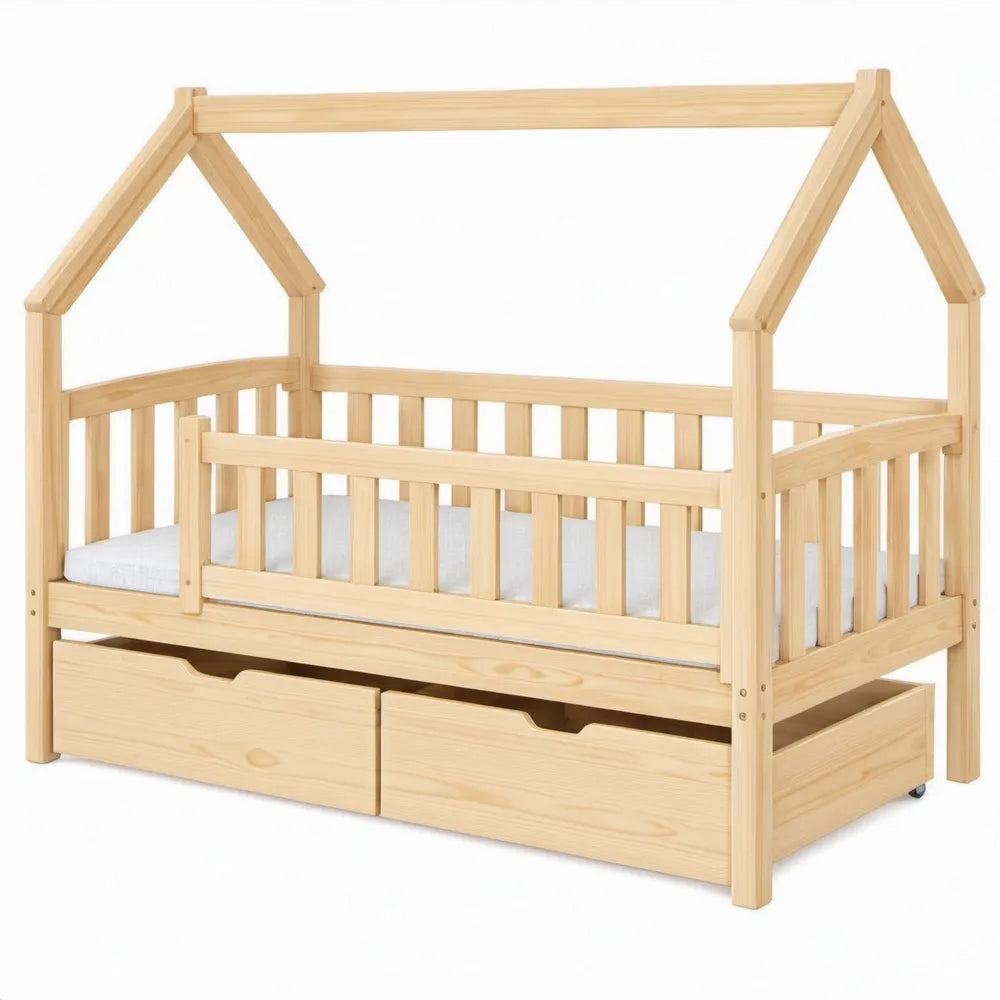 Huisvormig kinderbed 70 x 140 cm van massief grenenhout met uitvalbeveiliging en 2 opberglades - Naturel