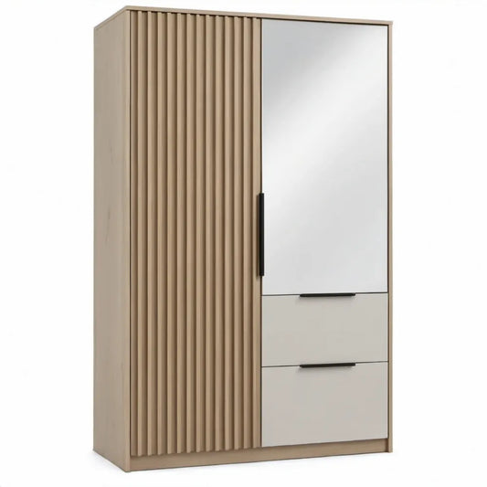 Kledingkast 90 x 52 x 200 cm met spiegel, 2 deuren en 2 lades - Naturel eiken/Wit/Zwart