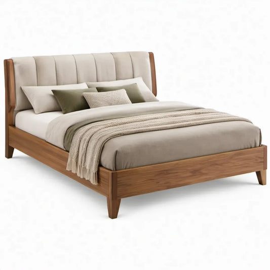 Tweepersoonsbed 160 x 200 cm van walnootbruin massief rubberhout met beige fluwelen hoofdbord