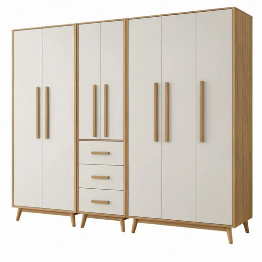 Kledingkast met 6 draaideuren en 3 laden, 300 x 55 x 220 cm, Wit/Eiken