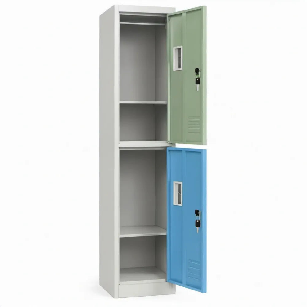 Stalen lockerkast met 2 afsluitbare deuren, 180 x 38 x 45 cm, Grijs/Groen/Blauw