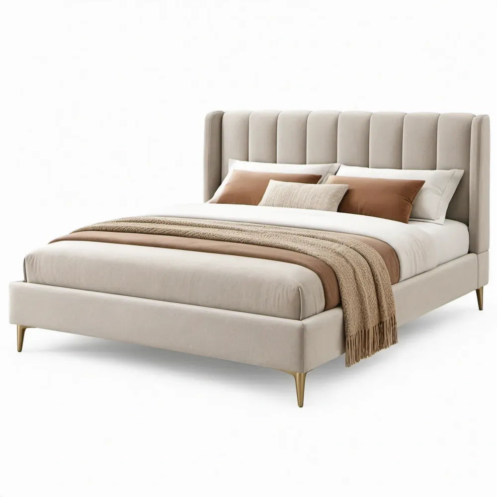 Gestoffeerd tweepersoonsbed 160 x 200 cm Beige met goudkleurige stalen poten