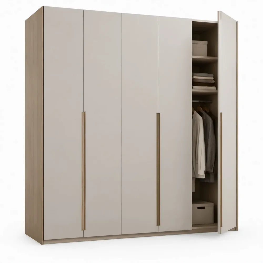 5-deurs kledingkast met kledingroede, 250 x 60 x 220 cm, beige en licht eiken