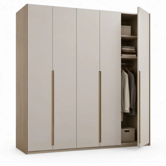 5-deurs kledingkast met kledingroede, 250 x 60 x 220 cm, beige en licht eiken
