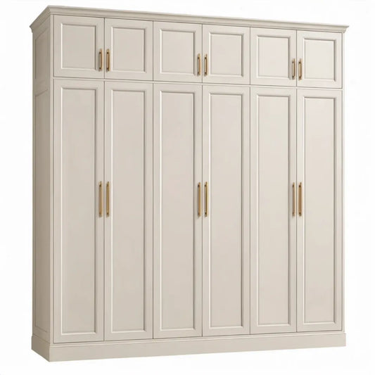 Draaideurkast 300 x 60 x 240 cm van gebroken wit MDF met 12 paneeldeuren