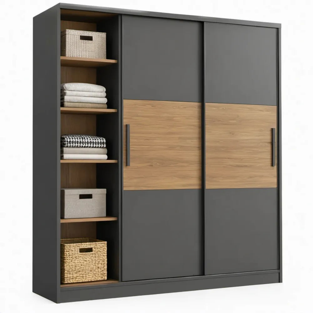 Schuifdeurkast 180 x 60 x 220 cm Antraciet/Eikenkleur MDF