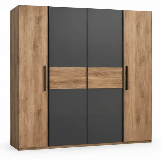 4-deurs kledingkast 200 x 60 x 215 cm in antraciet en naturel eikdecor