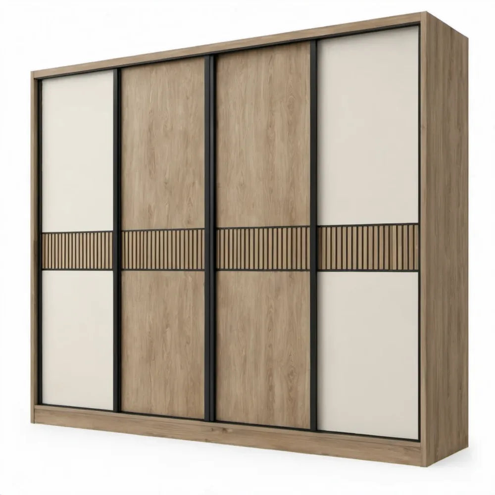 Schuifdeurkast 250 x 60 x 220 cm met 4 deuren – Eikenkleurig/Crème/Zwart