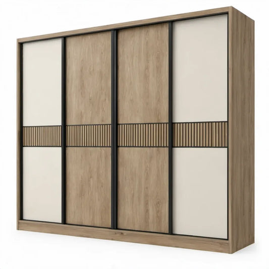 Schuifdeurkast 250 x 60 x 220 cm met 4 deuren – Eikenkleurig/Crème/Zwart