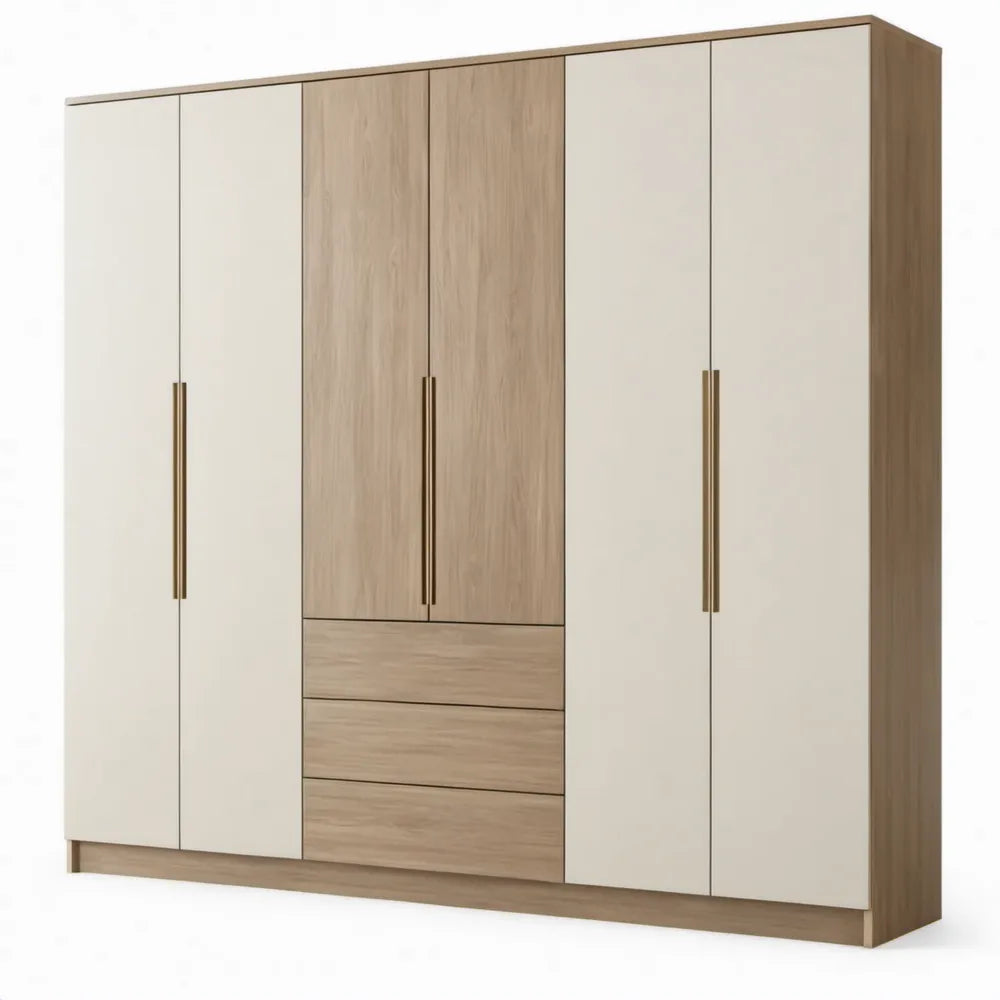 Kledingkast met 6 deuren en 3 lades, 240 x 60 x 210 cm, crème/eikenkleurig