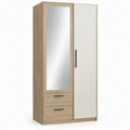 Garderobekast met spiegel, 2 deuren en 2 laden, 80 x 52 x 180 cm, licht eiken/wit