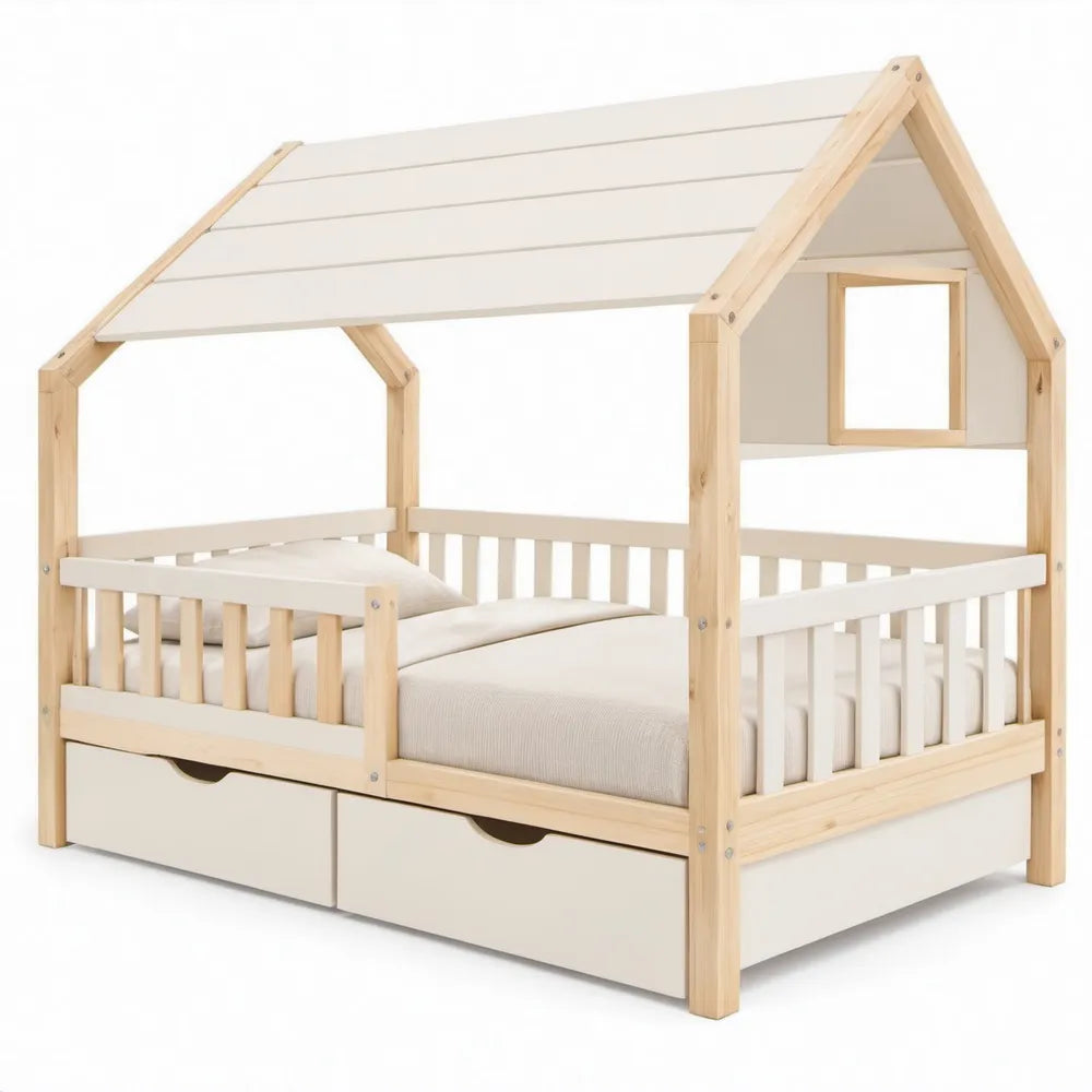 Huisbed voor kinderen 90 x 200 cm in wit en naturel grenenhout met dak en 2 opberglades