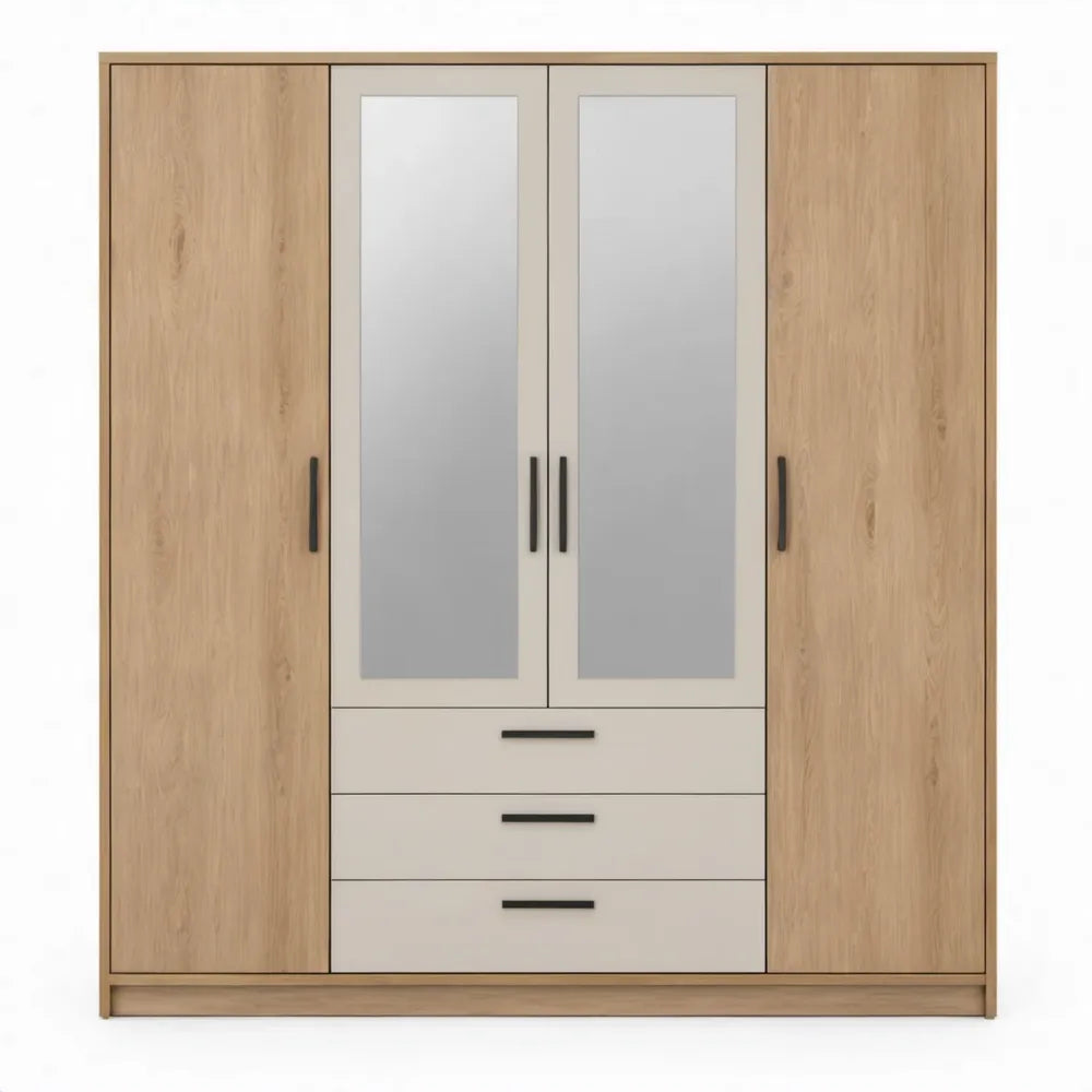 Kledingkast met 4 deuren, 3 laden en 2 spiegels – 180 x 52 x 200 cm – Eikenkleurig en beige