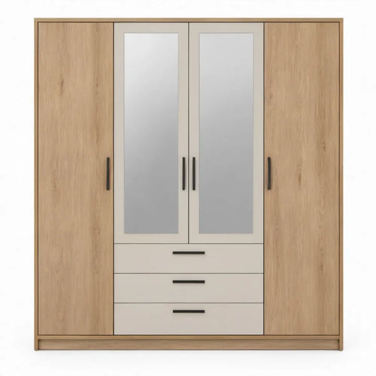 Kledingkast met 4 deuren, 3 laden en 2 spiegels – 180 x 52 x 200 cm – Eikenkleurig en beige