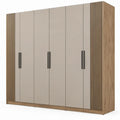 6-deurs kledingkast 270 x 60 x 220 cm in taupe met naturel eikdecor en zwarte handgrepen