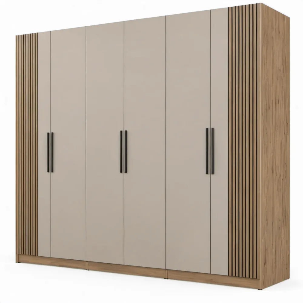 6-deurs kledingkast 270 x 60 x 220 cm in taupe met naturel eikdecor en zwarte handgrepen