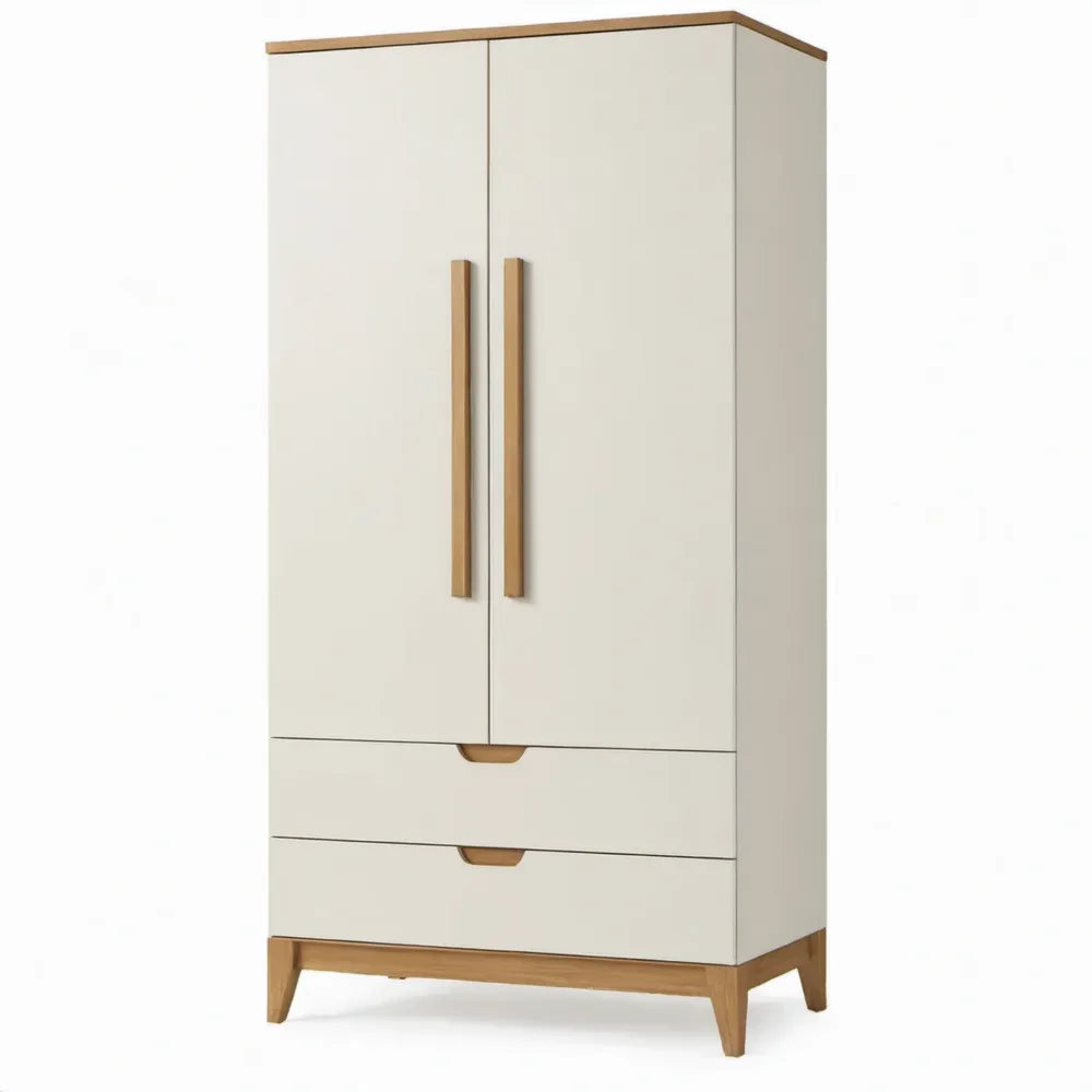 2 deuren en 2 laden, 90 x 50 x 190 cm, gebroken wit en naturel hout