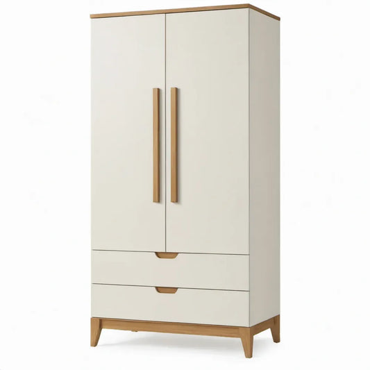 2 deuren en 2 laden, 90 x 50 x 190 cm, gebroken wit en naturel hout