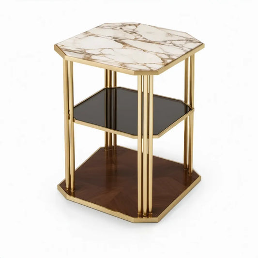Zeshoekige 3-laagse bijzettafel 45 x 45 x 60 cm met marmerlook, glas en houtdecor – Goud/Wit/Donkerbruin/Rookgrijs