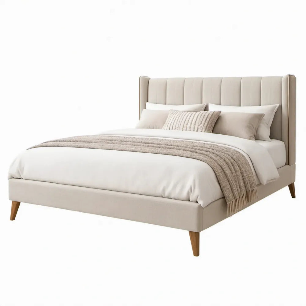 Gestoffeerd tweepersoonsbed 160 x 200 cm in crème met polyester bekleding en houten poten