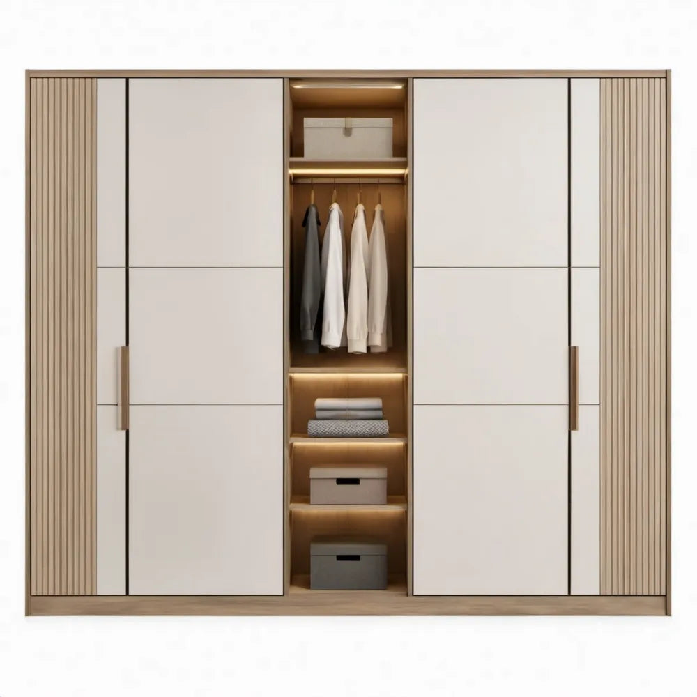 Beige en licht eiken kledingkast met 2 deuren, open middenvak en ledverlichting, 240 x 60 x 220 cm