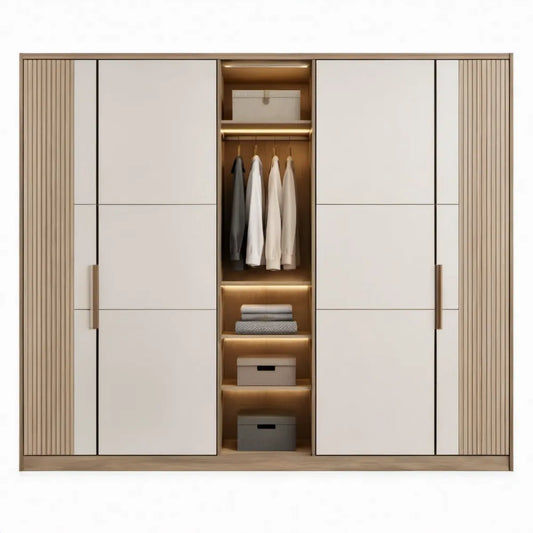 Beige en licht eiken kledingkast met 2 deuren, open middenvak en ledverlichting, 240 x 60 x 220 cm