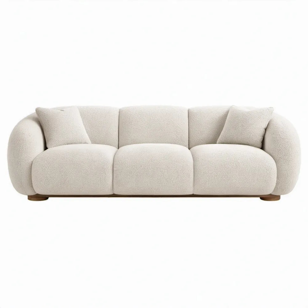 Gebogen 3-zitsbank van bouclé polyester, crème, 220 x 96 x 72 cm