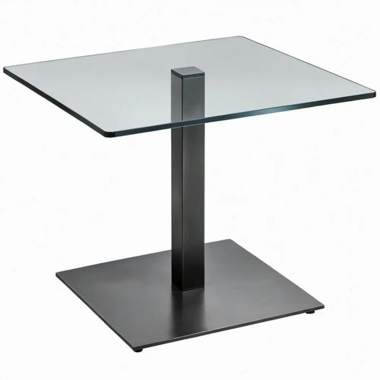 Zwarte stalen bijzettafel met helder gehard glazen blad, 45 x 35 x 60 cm