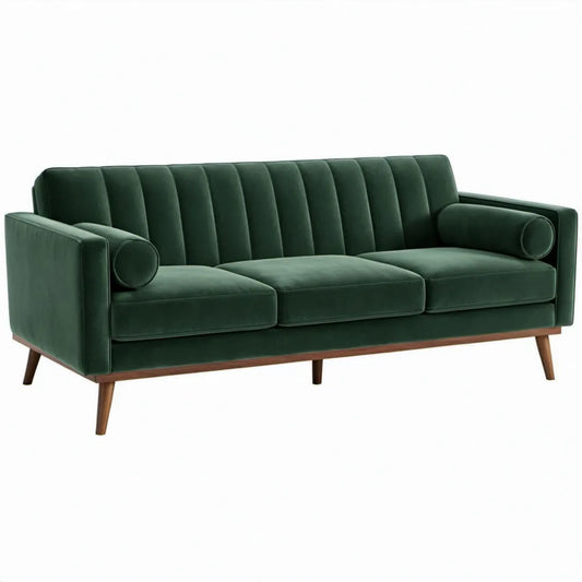 Donkergroene 3-zitsbank van polyesterfluweel met donkerbruine rubberhouten poten, 210 x 86 x 86 cm