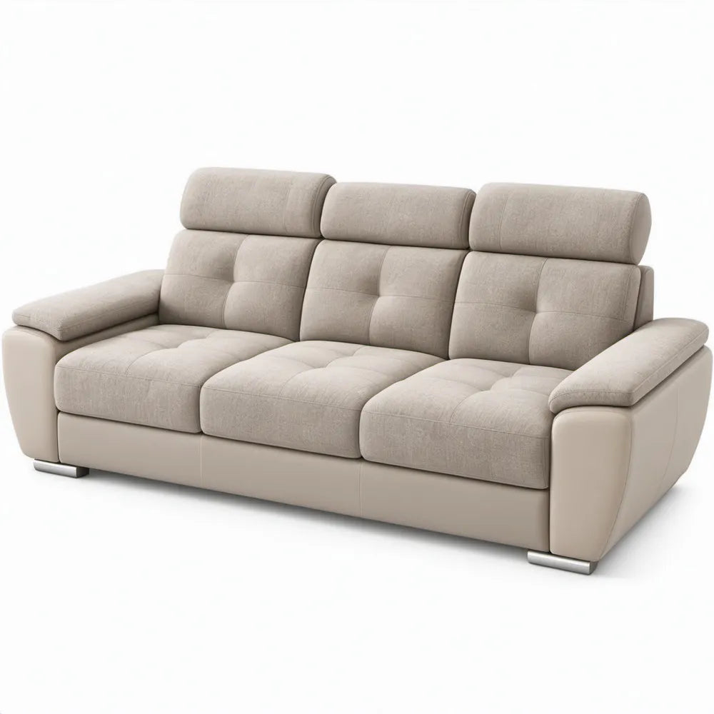 Beige 3-zitsbank met verstelbare hoofdsteunen, polyester en PU-kunstleer, 230 x 100 x 103 cm