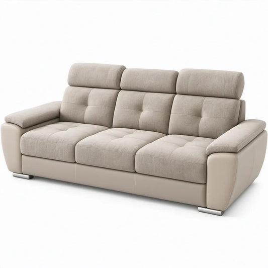 Beige 3-zitsbank met verstelbare hoofdsteunen, polyester en PU-kunstleer, 230 x 100 x 103 cm