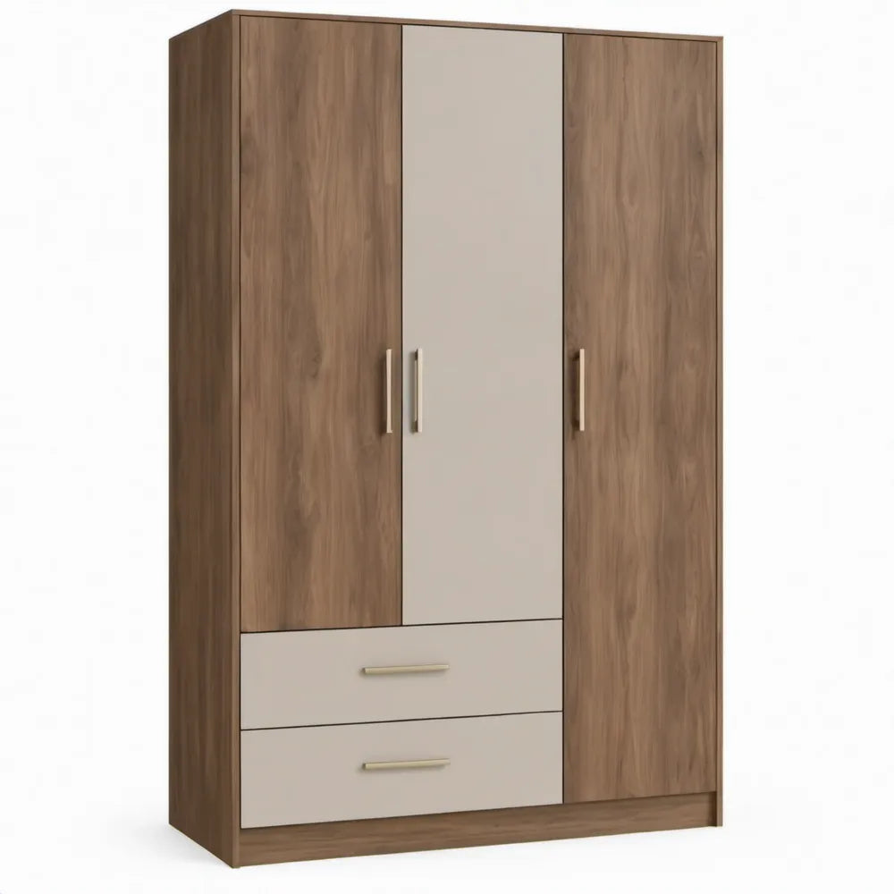 Kledingkast met 3 deuren en 2 laden, 120 x 52 x 200 cm, walnootbruin en beige